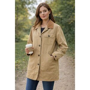 L.L. Bean Barn Jacket Chore Coat Khaki Womens Size M flannel Lined 100% Cotton